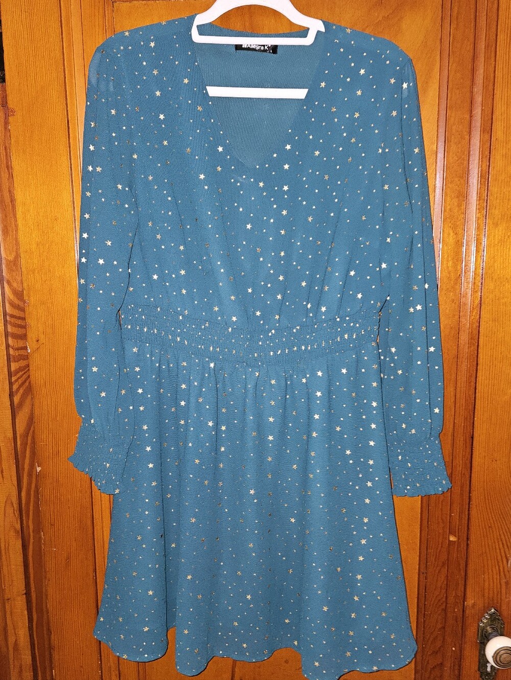 Allegra K Green Star Print Long Sleeve Dress Large